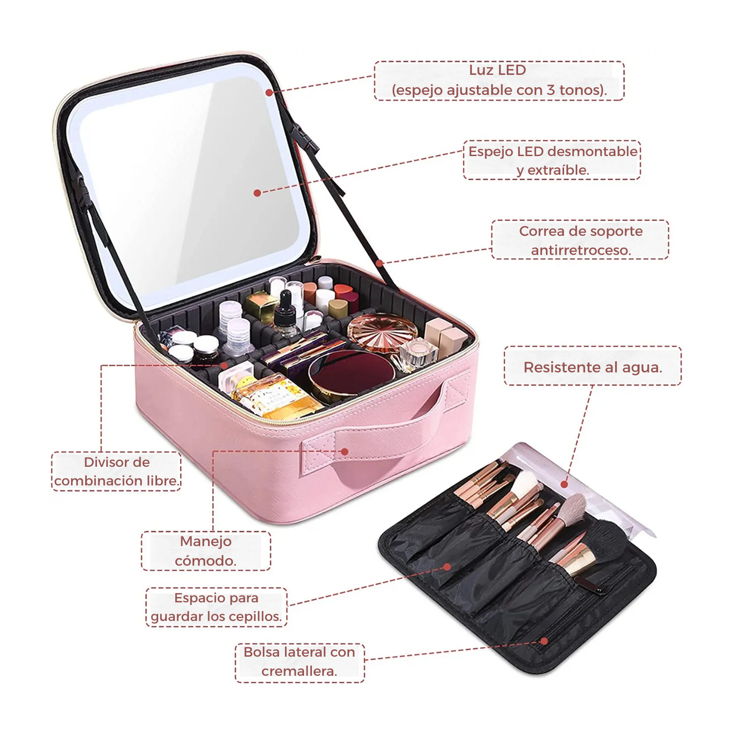 Estuche Cosmetiquera Maquillaje + Espejo LED con 3 TONOS DE LUZ